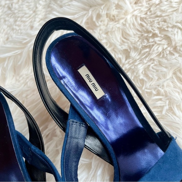 Miu Miu Navy Blue Suede Black Patent Leather Slingback Heels Sandals Size 9.5 - Picture 5 of 14